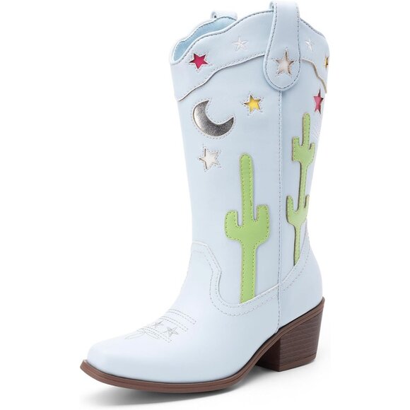 Girls Cowboy Boots Cowgirl Western Boots with Low Heel Square Toe for Little Kid - Picture 1 of 5